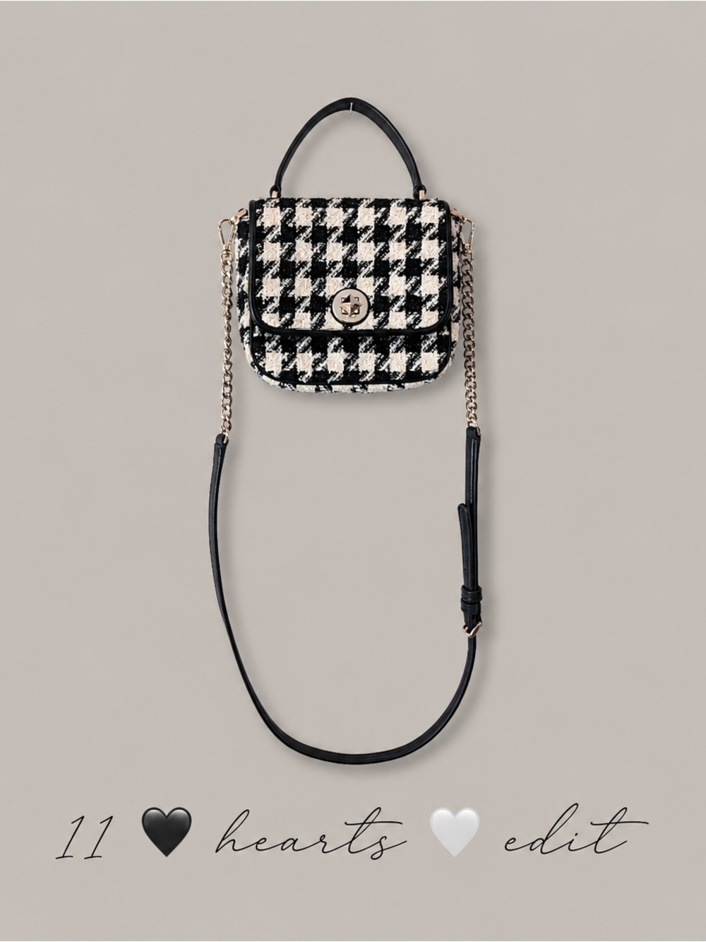 Kate Spade Black Cream Houndstooth Tweed Top Handle Crossbody Satchel Bag